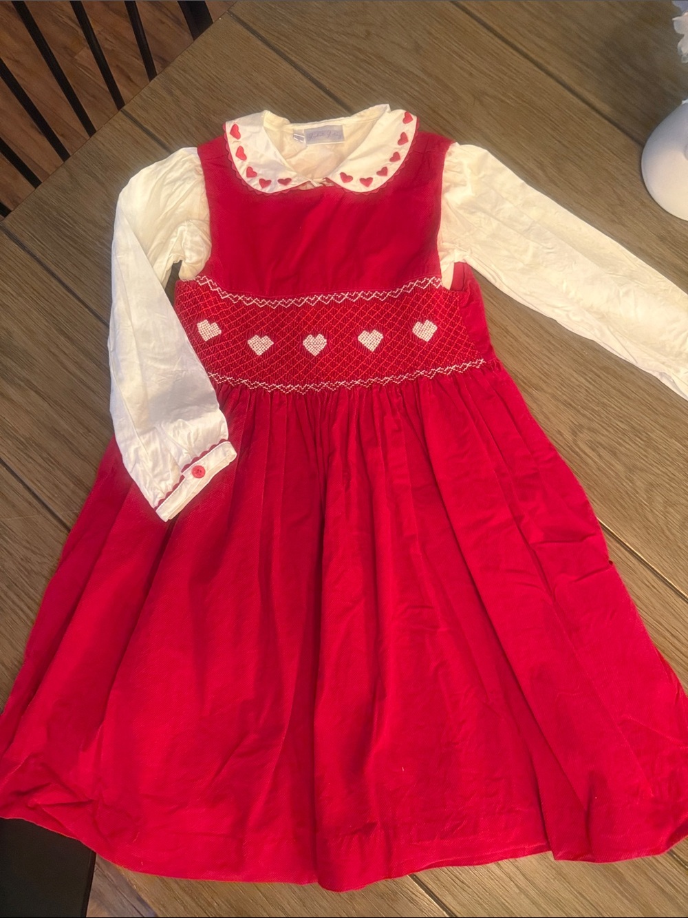 Rachel Riley Red Corduroy Heart Smocked Dress with White Blouse